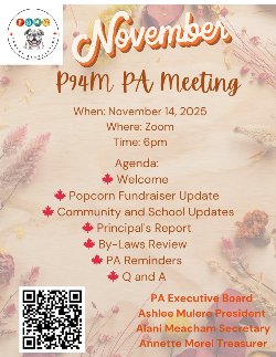 Flyer stating P94M PTA Meeting stating the date and time and agenda in English
